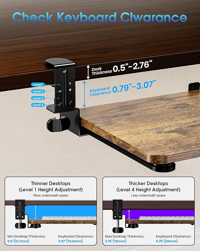 Small Keyboard Tray Under Desk, Pull Out Keyboard & Mouse Tray with Adjustable C-clamp, 20(25.9 Including Clamps) x 11.8 Inch Slide Out Computer Keyboard Drawer Mouse Tray for Typing, Brown