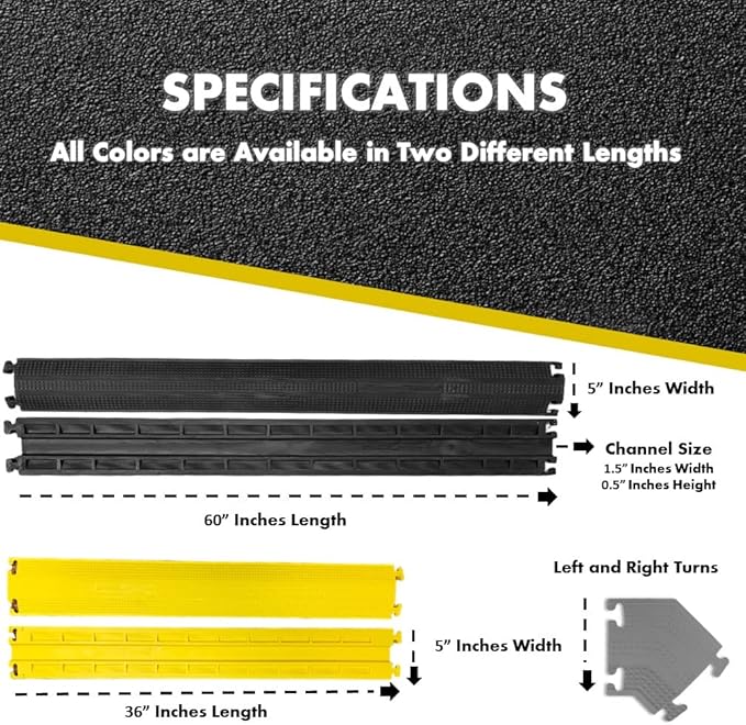 Kable Kontrol Drop Over Floor Cord Cover – 36” Inch Long 1 Channel Cable or Wire Protector – 60 Pcs Bulk Pack - Rubber Ramp for Indoor and Outdoor Use – Yellow