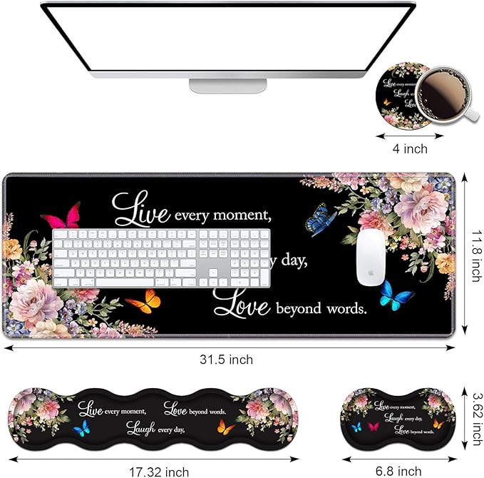 Ergonomic Keyboard Wrist Rest & Mouse Pad Wrist Rest Set, Large XXL Gaming Desk Mat 31.5"x 11.8" with Memory Foam, Easy Typing Pain Relief for Office & Home, Floral Quote Live Laugh Love