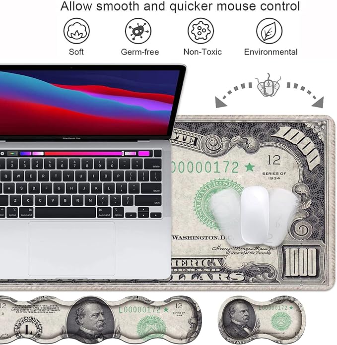 Ergonomic Keyboard Wrist Rest and Mouse Pad Wrist Rest Set, Large XXL Gaming Mousepad 31.5"x 11.8", Memory Foam, Easy Typing Pain Relief, Multifunctional Desk Mat for Office & Home, 1000 Dollar Bill