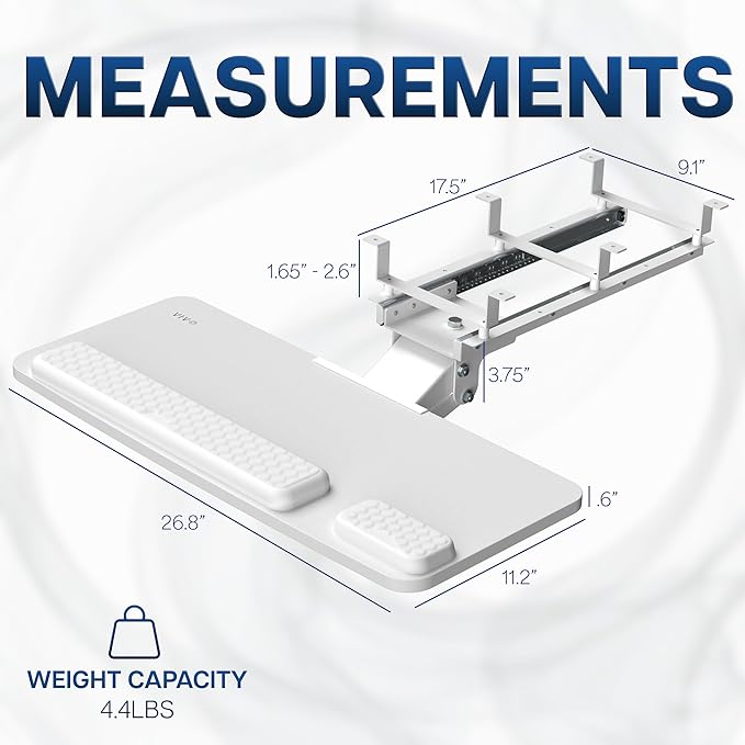 VIVO Premium Adjustable 27 x 11 inch Computer Keyboard and Mouse Platform Tray, Ergonomic Under Table Desk Mount Drawer with Padding, White, MOUNT-KB27P-W