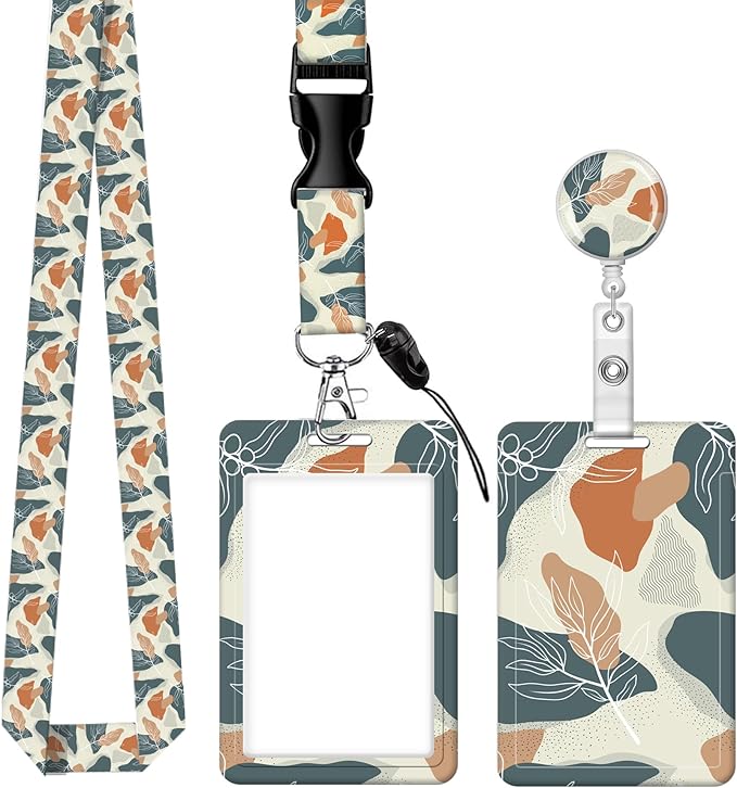 BLOCIT ID Badge Holder with Lanyard - Fashionable ID Card Holders with Retractable Lanyards - Soft Fiber Metal Clip Sturdy Buckle for Key Wallet - Work Nurse Teacher (Desert Leaf)