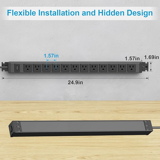 HHSOET 360° Rotating 12 Outlet Mountable Power Strip, Aluminum Alloy Long Power Strip Extension Cord, Heavy Duty Wall Mount Surge Protector with Switch, Works Great and Very Versatile,15ft Power Cord.