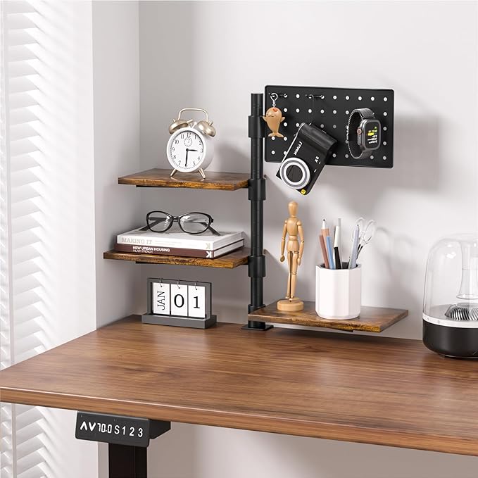 3-Tier Clamp On Desk Shelf, Adjustable 360° Rotatable Above or Under Desk Storage Shelves Holds 33 lbs, Heavy Duty Desktop Organizer with Pegboard Accessories ＆ 3 Hook for Home Office Dorm