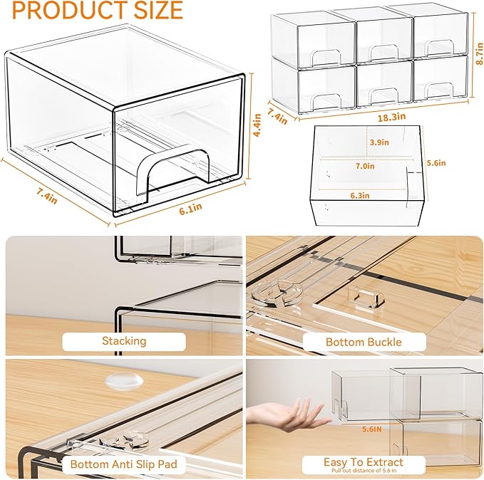 4.4" Tall Small Clear Acrylic Stackable Storage Drawers for Vanity,Under Sink,Bathroom Closet,Medicine Cabinet Organization and Plastic Storage Bins for Organizing Makeup,Baby Bottles,Pacifier,6 PCS
