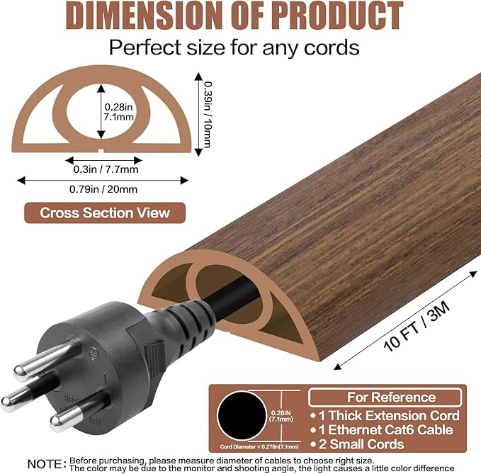 Floor Cord Cover Cable Cavity Self Adhesive Cord Hider Floor 10FT Floor Cable Management Power Cord Protector Floor Electric Cord Covers for Offices, Gym, Exhibitions (Misty Brown Wood, 0.78" x 10')