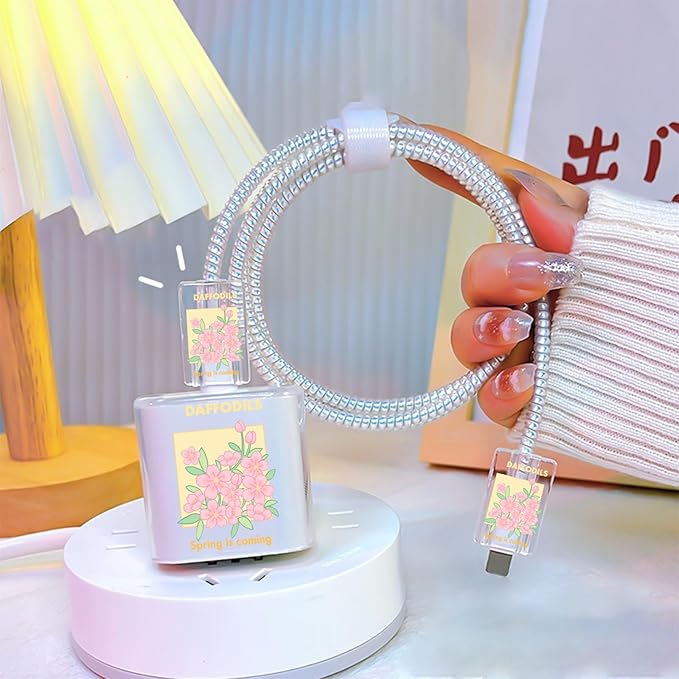 Flowers DIY Cable Protector for iPhone Adapter Charger,Cute Peach Blossom Design Transparent Data Line Cable Case, Phone Charging Protector for Apple Charger Cover