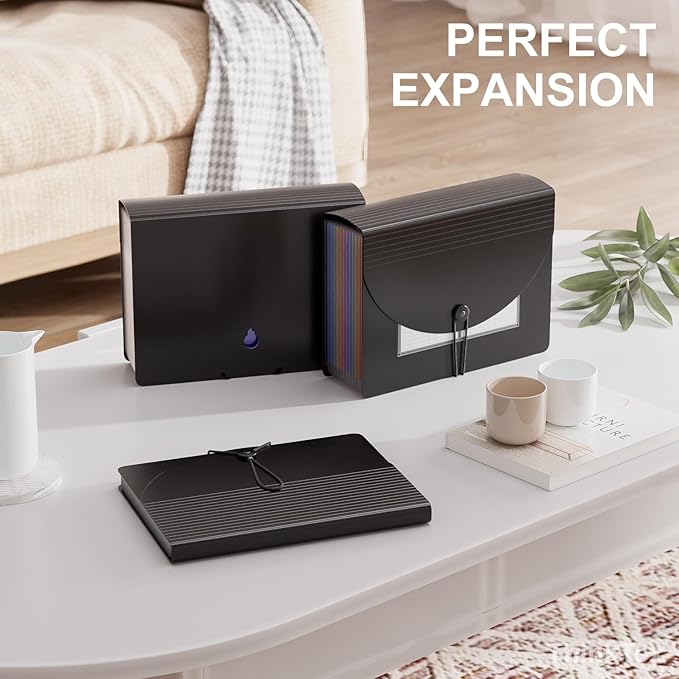 ThinkTex Accordion File Organizer, 12 - Pocket Expanding File Folders for Paper Receipts, Bills&Taxes Organizer, Letter/A4 Size Document Holder for School, Office, Home with Colorful tabs- Black