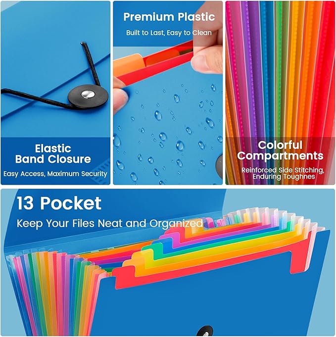 13 Pocket Accordion File Organizer with Elastic Closure, Expanding File Folder for Letter Size A4 Papers, Ideal for Home, Office Supplies, College Essentials - Blue