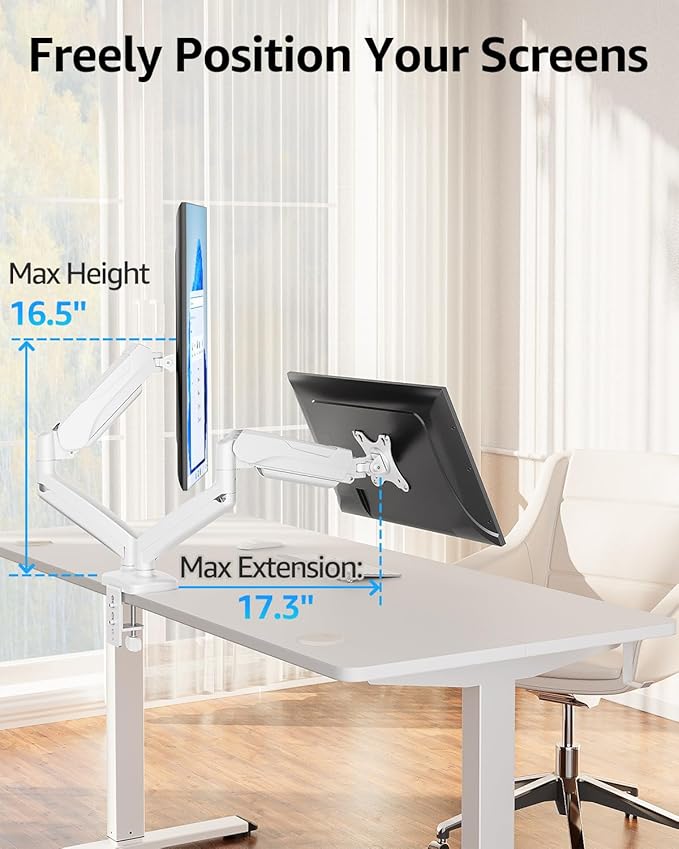 MOUNTUP Dual Monitor Stand for Desk, Monitor Arms for 2 Monitors Max 32 Inches, Height Adjustable Double Monitor Mount, VESA Mount with C-Clamp & Grommet Base, Holds 4.4-17.6lbs, White