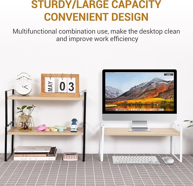 YGYQZ Wood Office Desk Shelf Organizer - Desktop Supplies Cute Dresser Top Organization Storage Rack and Cubicle Decor Aesthetic Bookshelf for Women Man and Kids (White Wood-Single Tier)