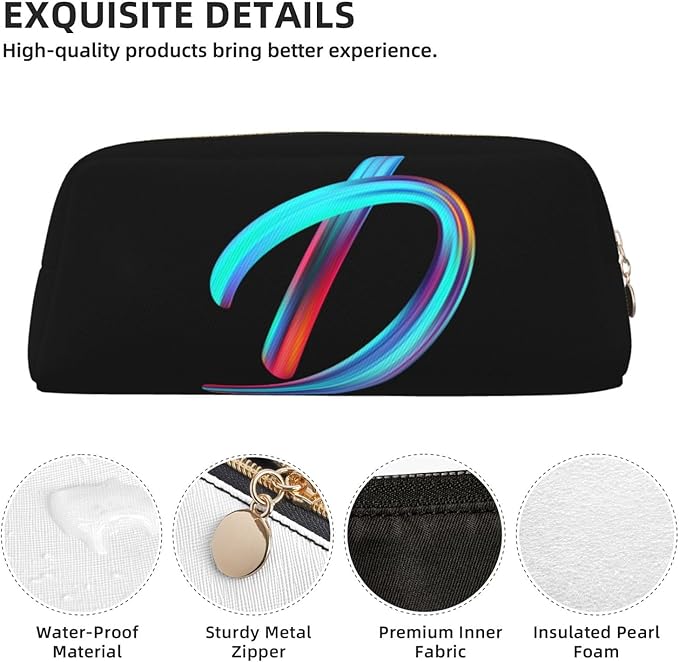 Cute Initial Pencil Case for Kids Simple Leather Pencil Pouch for Boys Girls Letter Design Pencil Box Pen Bag Pencil Pouch Office Stationery Organizer, Rainbow Letter D