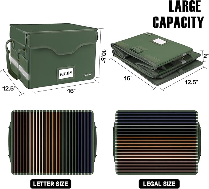 DocSafe Fireproof Document Box with Lock,File Storage Organizer with Mesh Pockets＆Lid,Collapsible Portable File Box Home Office Safe Filing Cabinet with Handle for Hanging Letter/Legal Folder,Green