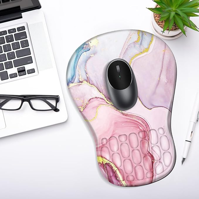 YIWEI Ergonomic Mouse Pad with Wrist Rest - Comfortable Office Mousepad with Memory Foam Wrist Support for Carpal Tunnel Relief, Mouse Pads with Non-Slip Base for Gaming and Home (Pink Marble)