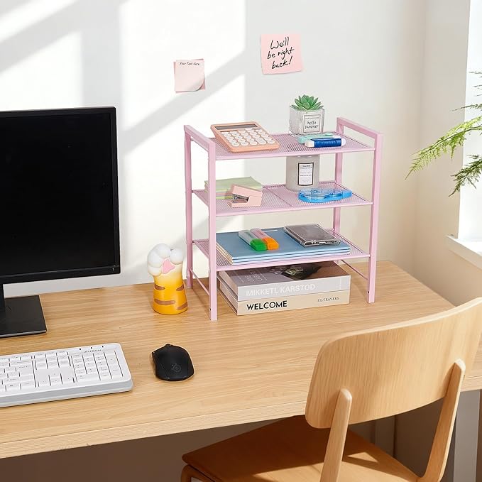 Desktop Shelf Organizer, 3-Tier Office Storage Rack, Adjustable Metal Bookshelf for Top of Desk, Pink Desk Organizer for Office, Home, Dorm and Small Spaces (Pink)