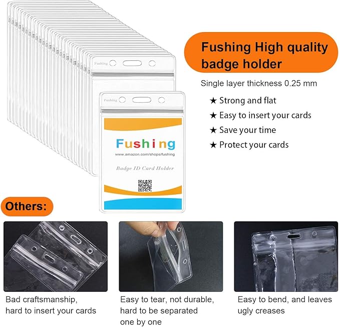 Fushing Pack of 50 Clear Plastic Vertical Badge Holders, Name Tag Holders, Card Holders (L)