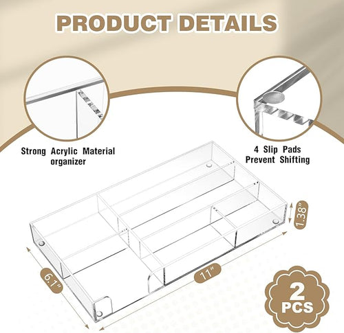 2 Pcs Clear Acrylic Desk Drawer Organizer 11 x 6 x 1.38 Inch Drawer Organizer Trays with 6 Compartments Desk Accessories for Office Makeup Silverware Bathroom