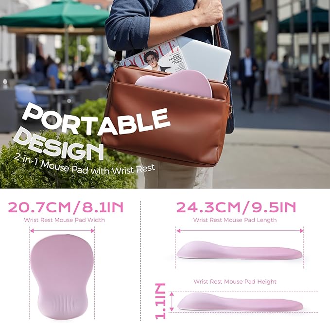 Ergonomic Mousepad with Wrist Rest Pink, Wrist Rest for Mouse Pad, Memory Foam with Massage Design, Non-Slip PU Base for Office and Home