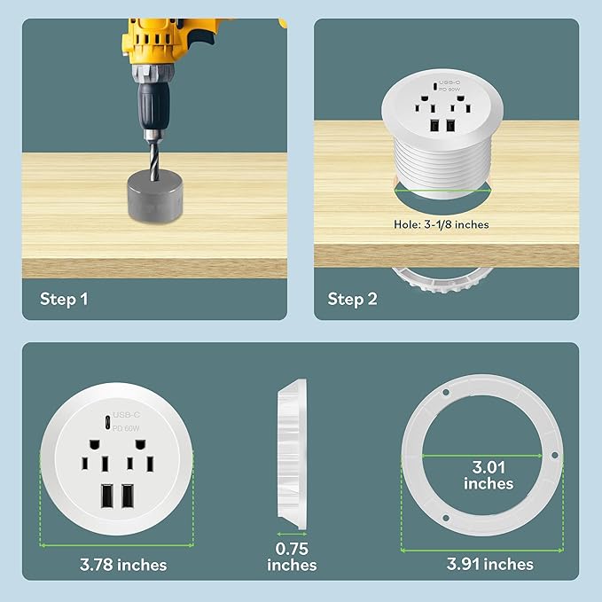TOPGREENER Desktop Power Grommet With 65W PD Fast Charging USB C, GaN Desk for MacBook, 2 USB-A Ports and Duplex Receptacles, 3" Diameter, TTRP48APD60-W, White