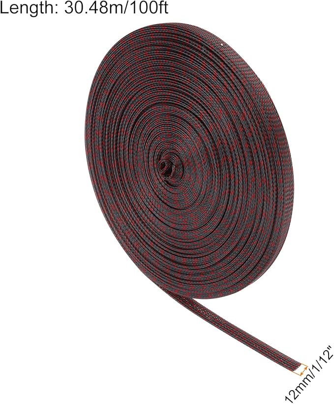100ft PET Expandable Wire Loom 1/2 Inch, PET Braided Wire Sleeving Cable Management Sleeve Tubing [for Audio Video Home Office Cord Protector]-Black Red