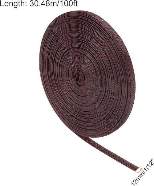 100ft PET Expandable Wire Loom 1/2 Inch, PET Braided Wire Sleeving Cable Management Sleeve Tubing [for Audio Video Home Office Cord Protector]-Black Red