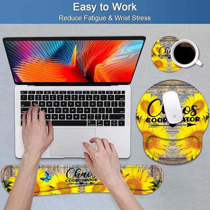 Keyboard Wrist Rest and Mouse Pad Wrist Support Set with Coasters, Chaos Coordinator Wrist Mouse Pad with Non-Slip PU Base for Computer Laptop Home Office Working Studying Easy Typing & Pain Relief