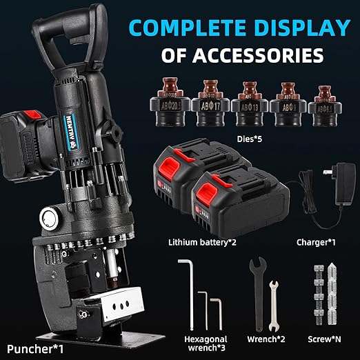 NEWTRY 1800W Cordless Hydraulic Hole Puncher + 2 Battery 3.0Ah Electric Hydraulic Hole Puncher 110V Angle Steel Punching Machine Φ1/4"-4/5" Metal Hole Punch for Angle Channel Steel Iron Aluminum,etc