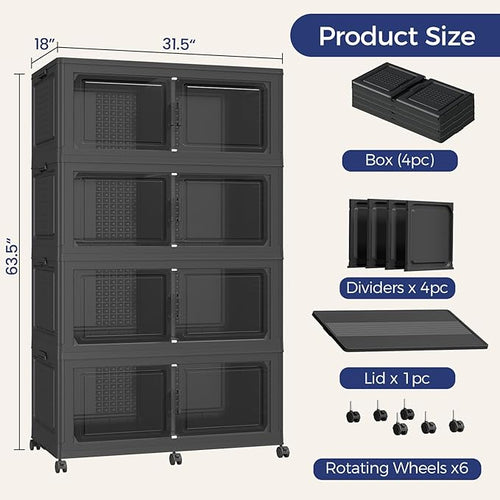 200GAL Storage Bins with Lid and Wheels, Stackable Closet Organizers and Storage Drawer, Collapsible Storage Box with Dividers, Foldable Plastic Cabinets for Room, Kitchen, 4 Pack Black