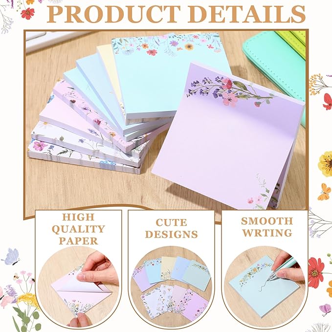9 Pads Wildflower Sticky Notes 3x3 Inch Cute Self Stick Notepads Notes Adhesive Memo Pad Office Decor Gifts for Students School Teacher Meeting Office Supplies