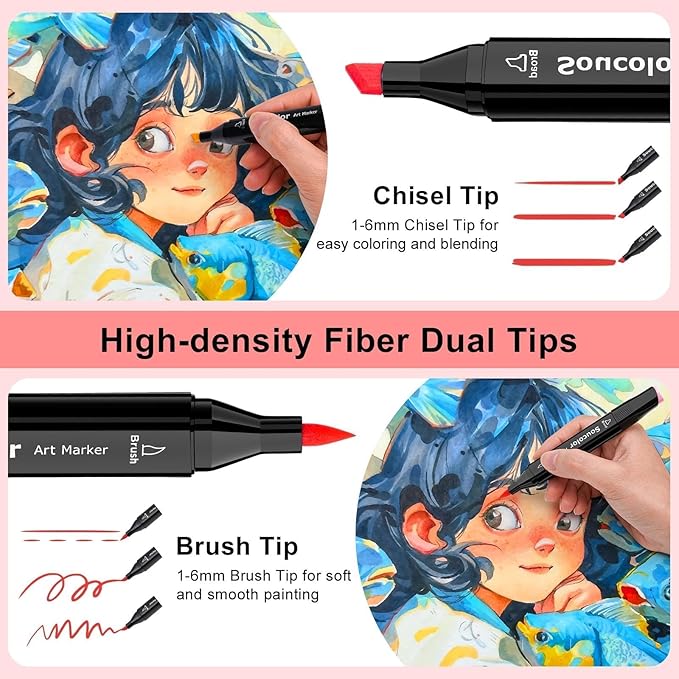 Soucolor 51 Colors Alcohol Markers Brush Tip, Dual Tip Brush & Chisel Alcohol-Based Art Markers, 50 Colors+1 Blender Drawing Coloring Art Supplies for Kids Artists Adults Teen Girl Gifts Trendy Stuff