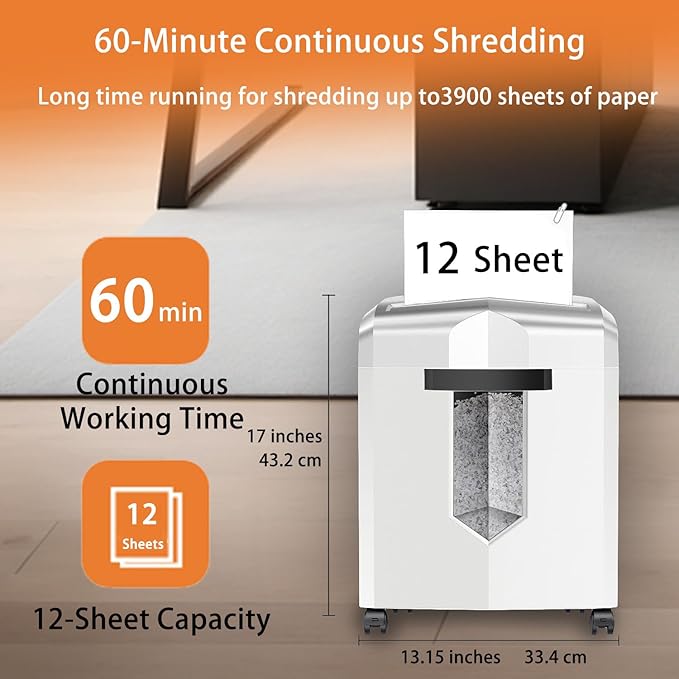 Bonsaii 12-Sheet P-4 Micro-Cut Shredder, 60-Min Continuous Use, Shreds Paper, Credit Cards & CDs, 4-Gal Transparent Bin, Mobile Casters – Black