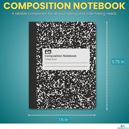 1InTheOffice Wide Ruled Composition Notebook 7.5" x 9.75", Wide Ruled Paper, 100 Sheets, White/Black, (8/Pack)