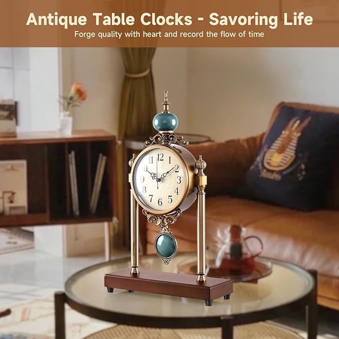 Vintage Table Clock with Turquoise Accents, Silent Non-Ticking, Wood Base and Metal Frame, Decorative Antique Design