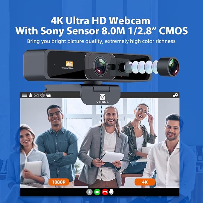 VITADE 4K Zoomable Webcam with Upgraded Remote Control, 8MP Sony Sensor Webcam with Microphone and 4X Digital Zoom, Pro USB Webcam for Streaming/Conference/Online Teaching/Video Calling/Zoom/Skype