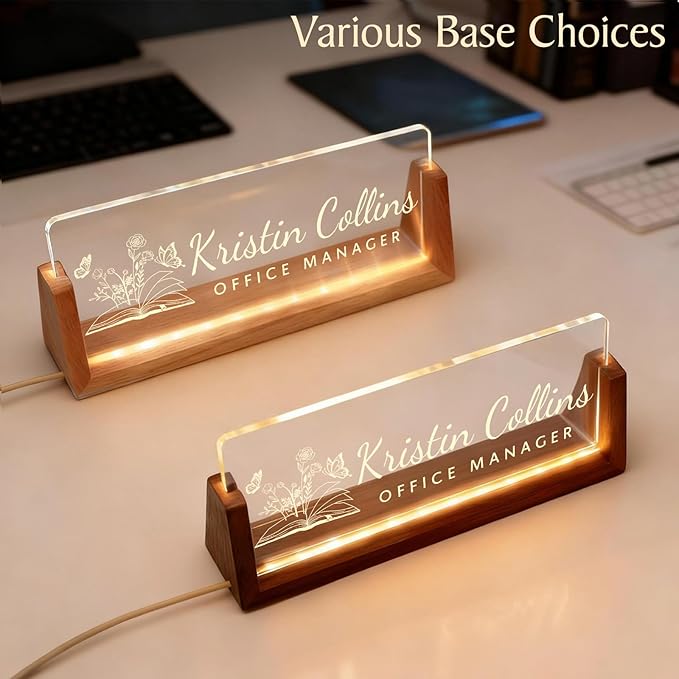 Personalized LED Name Plate for Desk, Light Up Acrylic Office Decor Desk Name Plate with Wooden Base, Custom Name Logo Quote, Appreciation Gifts for Boss Coworkers Employee Women Men (Logo)