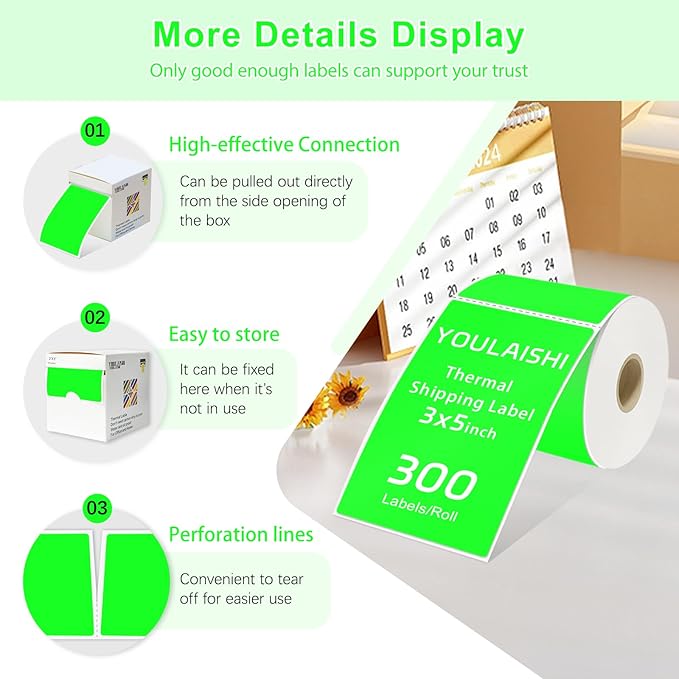 YOULAISHI 3 X 5 Inch Printable Waterproof Rectangle Color Coding Labels, 300 Per Roll Adhesive Color Coding Stickers for Bar-Codes, Address, Small Business Labeling, Inventory, Fluorescent Green