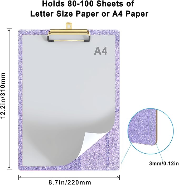Glitter Acrylic Clipboard Decorative Standard A4 Letter Size 12.2" x 8.7", Fashion Bling Clip Boards with Designed Low Profile Gold Clip for Classroom Office - Purple