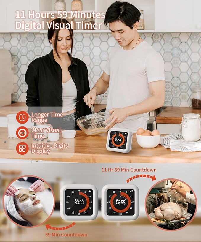 Digital Visual Timer - Max 11H 59M Rechargeable Countdown Timer with VA Display, Clear Digits, Adjustable Volume and Brightness, Magnetic Digital Timer for Kitchen, Classroom, Office (White)