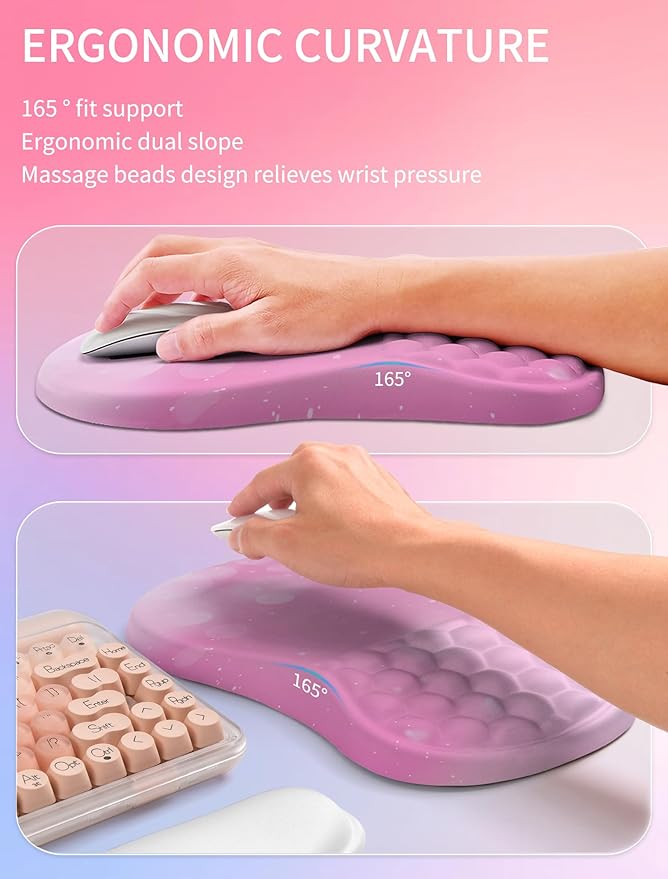 Hokafenle 2in1 Combination, Wave Keyboard Wrist Rest and Ergonomic Curvature Mouse Pad Wrist Support for Relieve Wrist Pain, Filled with Soft Cushion Memory Foam, Romantic Pink