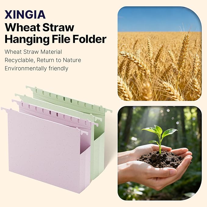 Wheat Straw Hanging File Folders Letter Size Extra Capacity,Heavy Duty 2'' Expandable File Cabinet Folders,12 Pack Pastel File Folders Hanging with Tabs,Hanging File Organizer for Office School