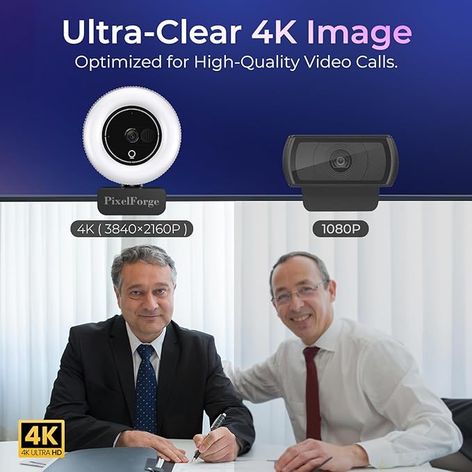 PixelForge 4K Webcam for PC with Microphone & Light & Privacy Cover, Web Camera for Desktop Computer/Laptop/Monitor/Mac, 4K UHD Sony Sensor, PDAF Auto Focus, Dual AI Noise-Cancelling Mics, USB Camera