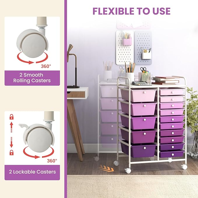 ARLIME 15-Drawer Storage Cart, 15 Drawer Trolley, Rolling Organizer Cart, Scrapbook Paper Organizer, Suitable for Office and School, Rolling Office Storage Tools (Purple Gradient)