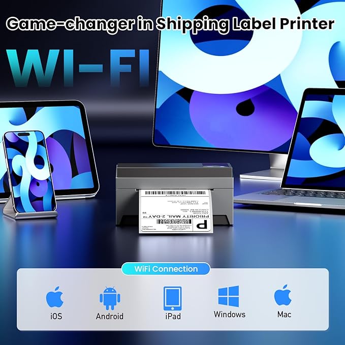 Wireless Shipping Label Printer-WiFi Thermal Label Printer 4x6,WiFi Label Maker for Small Business&Shipping Packages,Compatible with Phone&PC, Widely Used for TIK Tok USPS Amazon