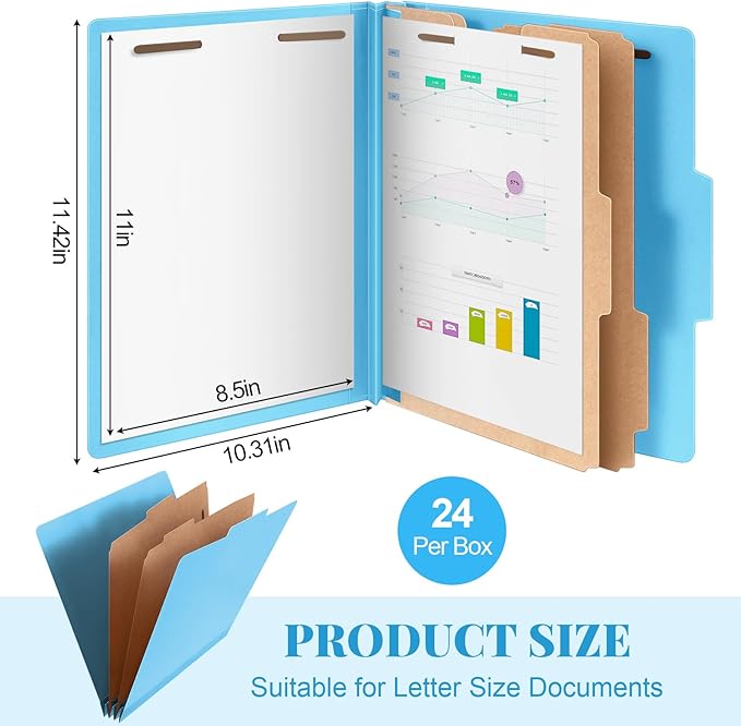 Skyygemm 24 Pcs Classification Folders Letter Size Bulk - 2 Dividers Pressboard File Folder with 3. 5 Inch Expansion, 2 Prongs Fastener, Heavy Duty Office File Organizer for Teacher Medical (Blue)