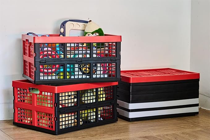 3-Pack Plastic Collapsible Storage Crates-30L,Foldable Plastic Crates for Storage (Black+Red)