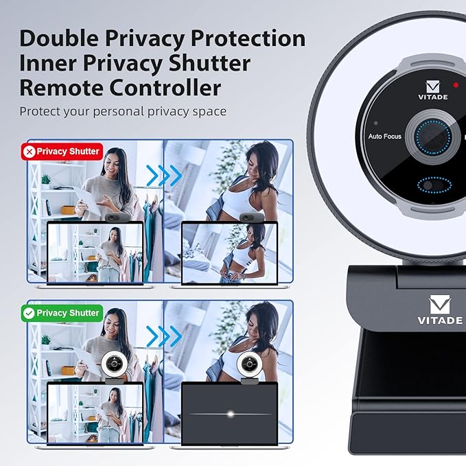 VITADE Zoomable Webcam with Remote Control, 1080P 60FPS Streaming Webcam with Adjustable Ring Light and Tripod, Pro USB 5X Digital Zoom Webcam for Zoom/Skype Teams/Laptop/Mac Windows