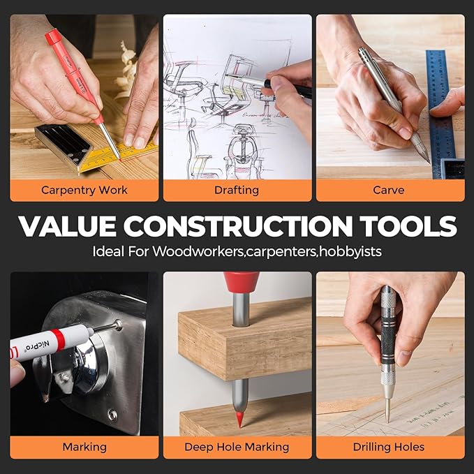 Nicpro 36PCS CP3000 Mechanical Carpenter Pencil Set with Sharpener & Sheath, Lead Refills, Long Nib Marker, Center Punch, Carbide Scribe Tools, Heavy Duty Construction Pencil for Architect Woodworking