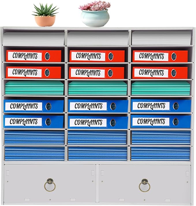 DYRABREST Wooden Literature Organizer 24 Slots Paper and Mail Organizer Storage Cabinet Desktop File Sorter with 2 Drawers, Adjustable Shelves for Home & Office School Mailrooms