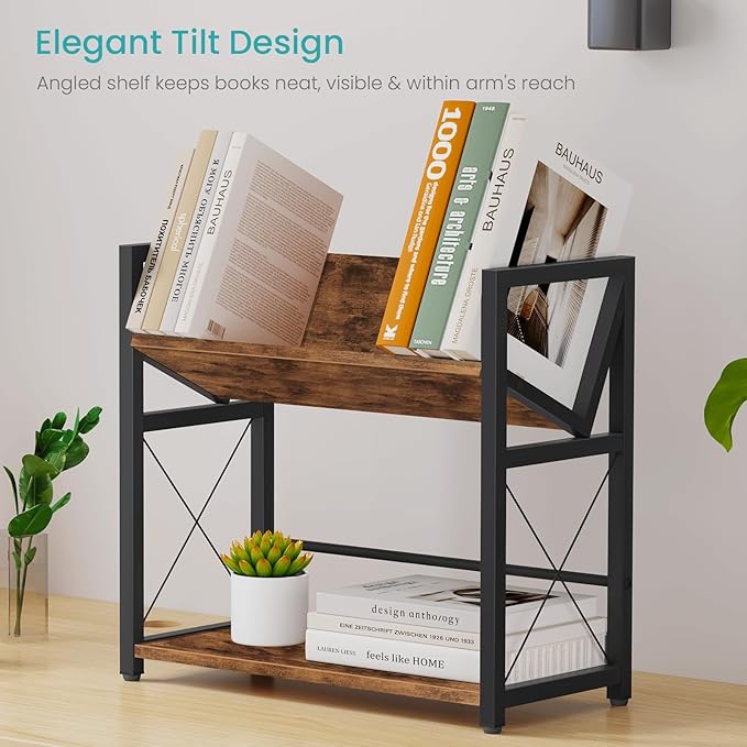 ELITEROO Desktop Bookshelf, 2 Tier Desk Shelf Organizer, Wooden Tabletop Bookcase, Small Desk Top Book Rack for Office, Home, Bedroom, Small Space Storage and Display, Rustic Brown