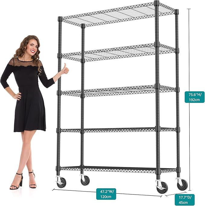 5 Tiers Shelf 1750 lbs Steel Storage Shelving Utility Shelving Unit Steel Organizer Wire Rack for Home,Kitchen,Office,Garage Black 17.7" D x 47.2" W x 76.8" H